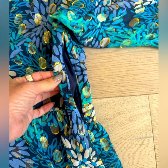 NWT STS Sail to Sable Floral Silk Teal, Blue anf Gold Metallic Dress size Medium - Picture 10 of 10